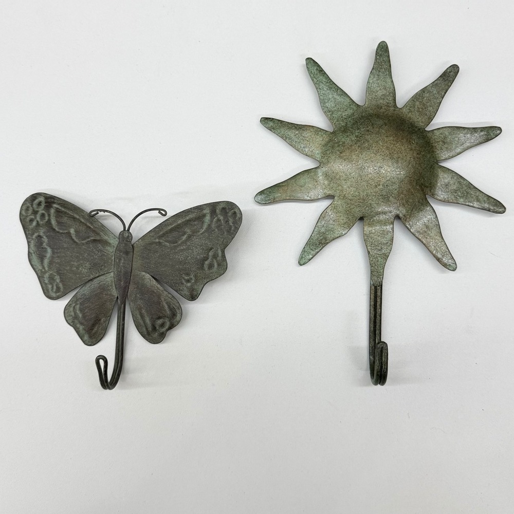 Vintage Verdigris Metal Wall Hooks Sun and Butterfly Set Rustic Garden Decor